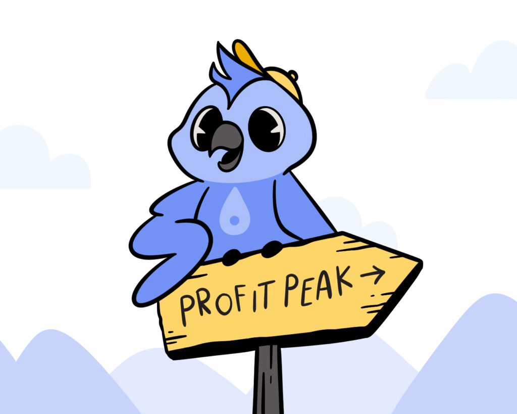 Cartoon blue bird with a yellow cap sits on a "PROFIT PEAK" sign, highlighting SEO tips for small business success.