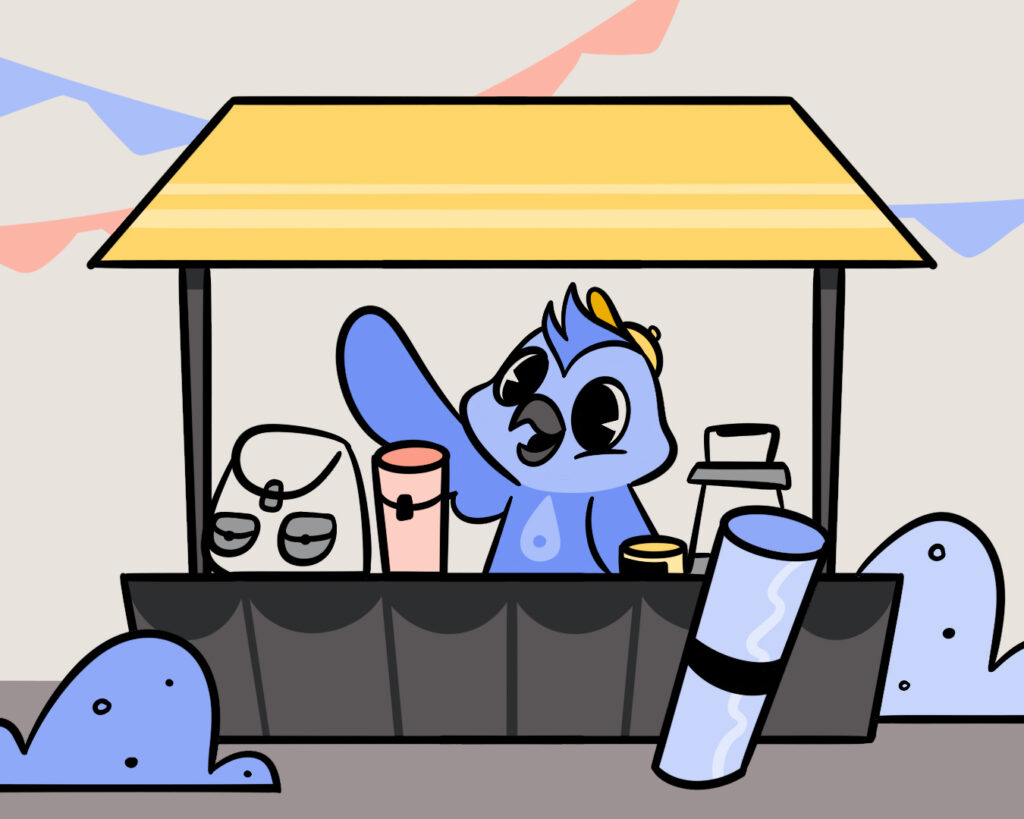 A cartoon blue bird stands behind a market stall, ready to share digital marketing strategy tips with shoppers.
