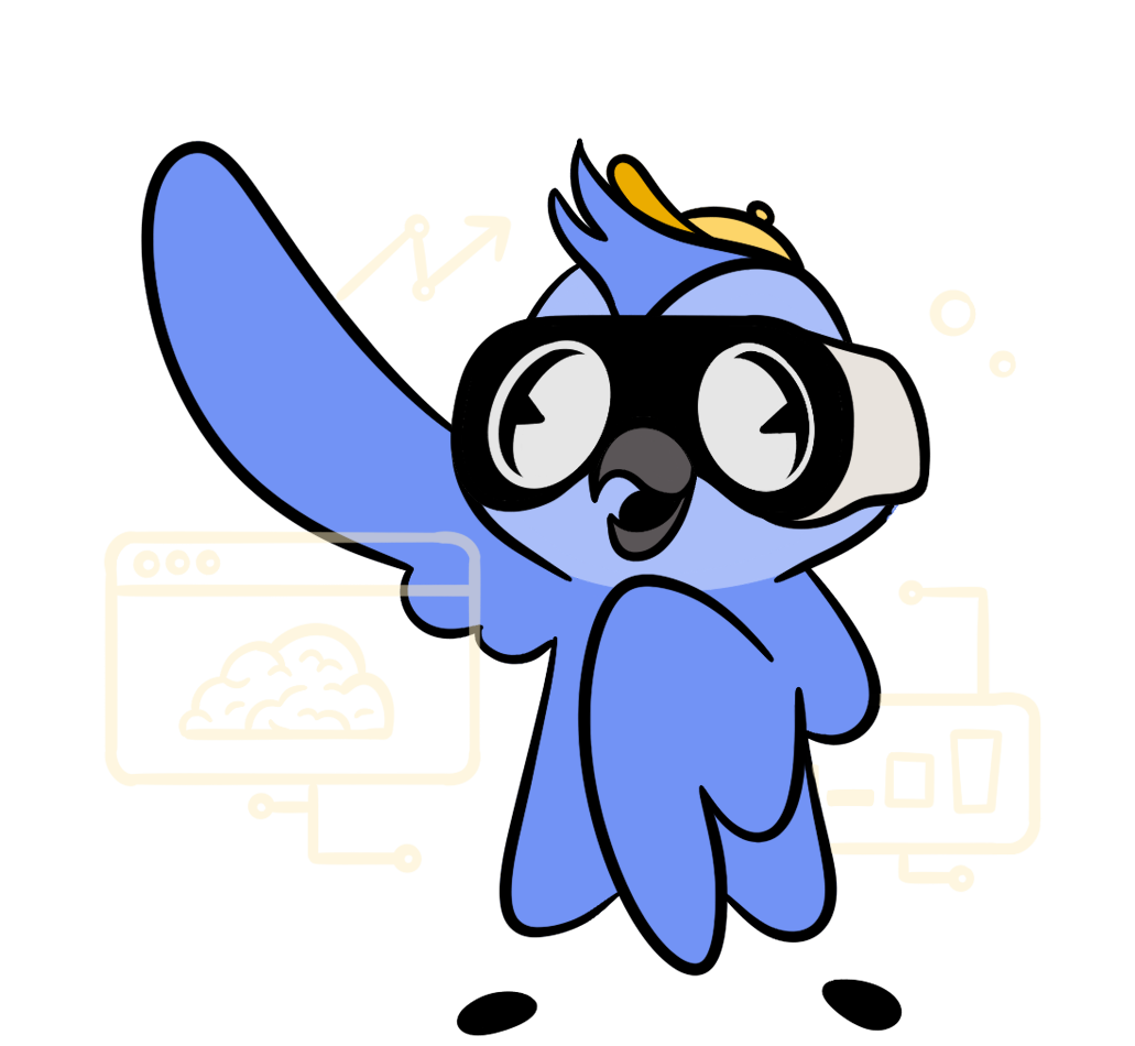 Cartoon blue bird in VR headset with tech icons, browser window, and upward arrow—perfect for website or small business strategy.