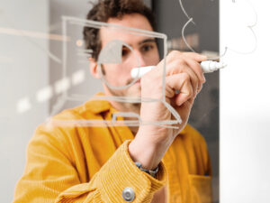 A small business owner brainstorming about seo backlinking for his website