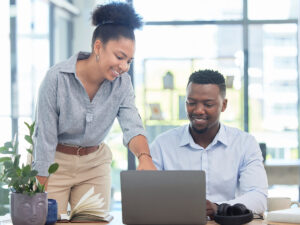 Small business co-owners discussing optimizing google my business for their business