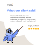 A cartoon blue bird points at a five-star SEO Blog Writing review for leigh_wittick, praising design and professionalism.