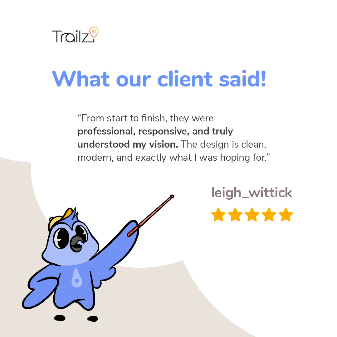 A cartoon blue bird points at a five-star SEO Blog Writing review for leigh_wittick, praising design and professionalism.