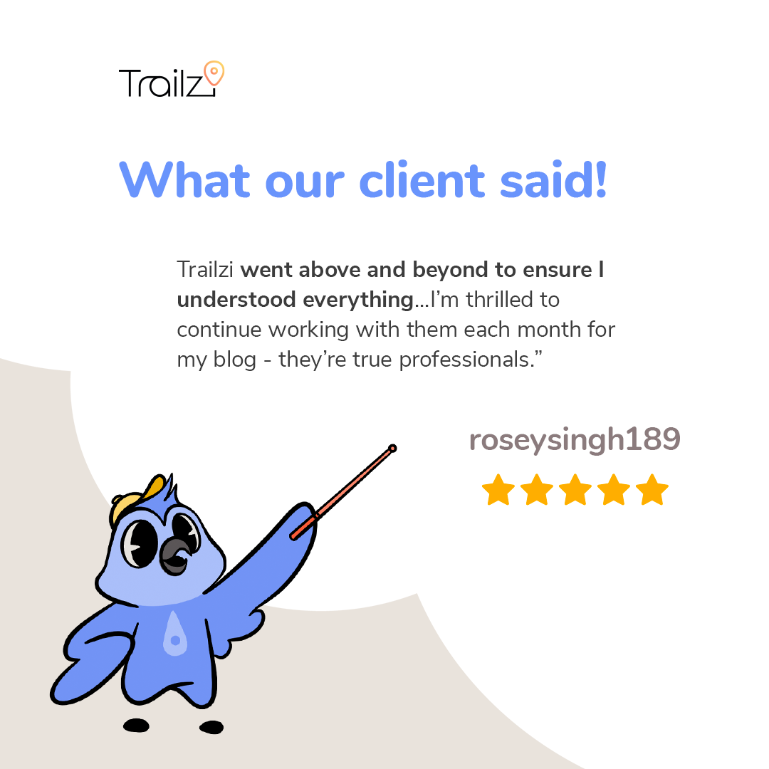 A cartoon bird highlights a five-star review from "roseysingh189" praising our SEO Blog Writing service.