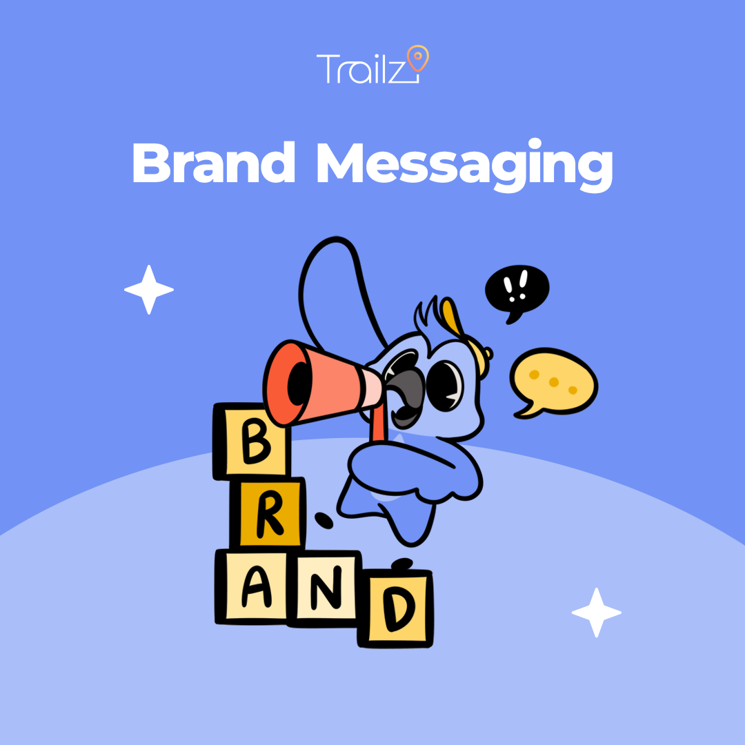 A cartoon bird with a megaphone stands by blocks spelling "BRAND," spotlighting Blog Strategy under Brand Messaging.