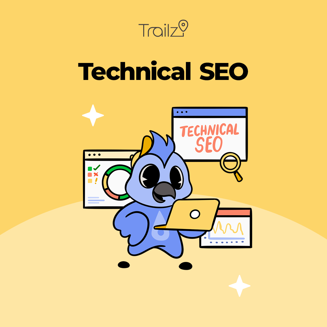 A cartoon bird with a laptop stands by charts and a "Blog Strategy" sign on a yellow background.