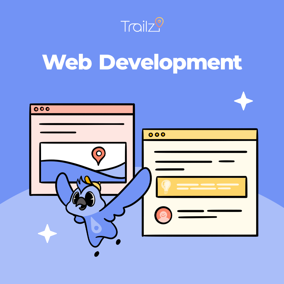 Cartoon bird with glasses stands between two browser windows under the heading "Blog Strategy.