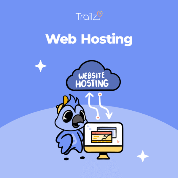 A cartoon bird points to a computer and cloud labeled "Blog Strategy" on a blue background.