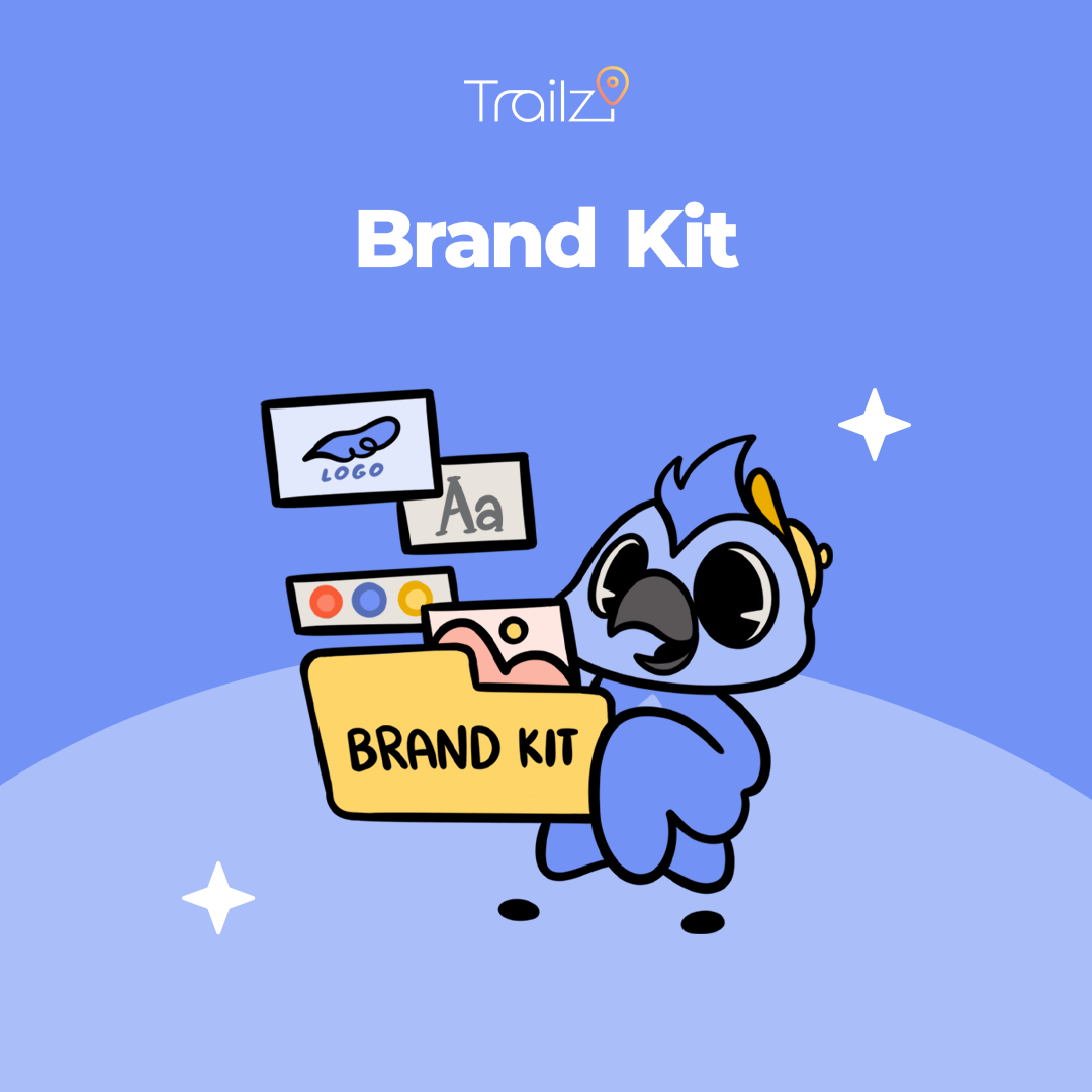 A blue bird holds a yellow folder labeled "Brand Kit" with branding materials, under the text "Brand Kit".