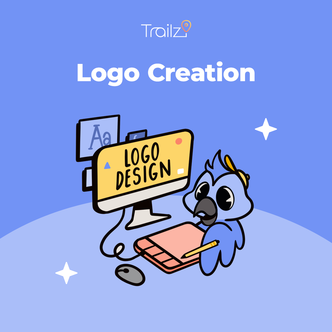 A cartoon bird uses a pen tablet to design a logo on a computer, with "Logo Creation" as the product name above.