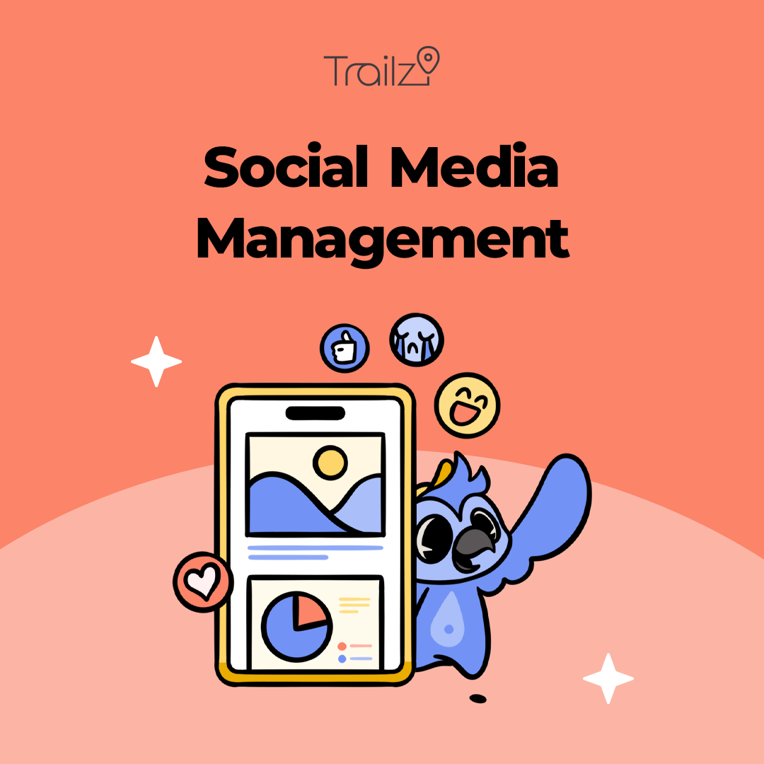A cartoon bird holds a smartphone with charts and icons, highlighting Social Media Management above.