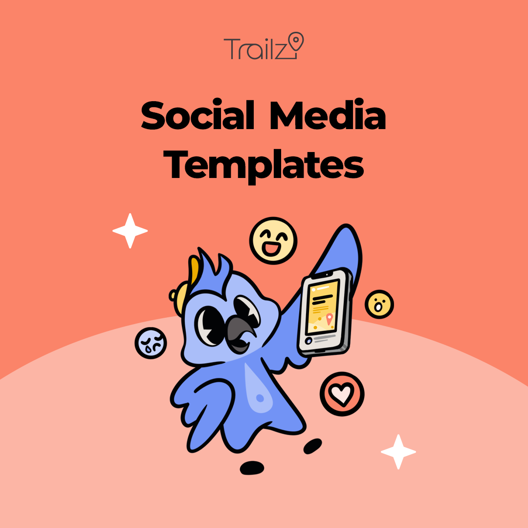 A cartoon bird with a phone amid social icons, "Social Media Templates" displayed above.