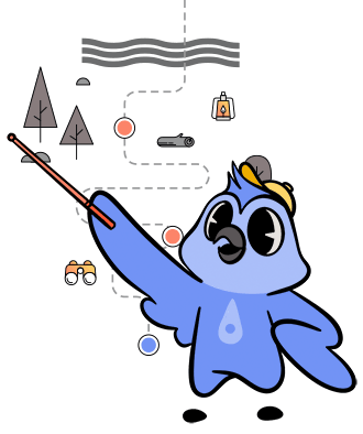 A blue cartoon bird points with a stick at a simple camping map with trees, a tent, and gear icons.
