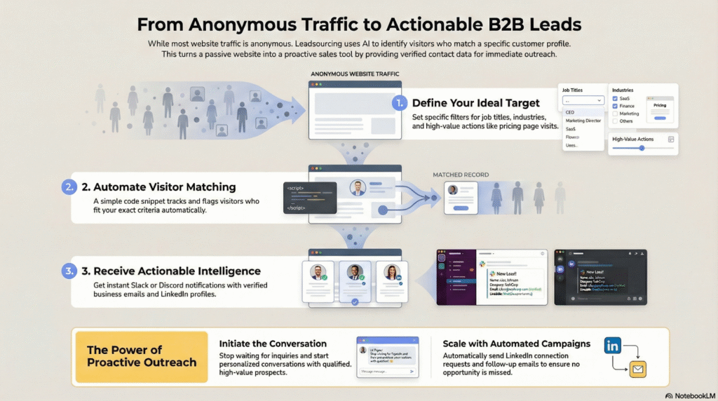Infographic explains converting anonymous website traffic into B2B leads using AI for visitor matching and automated outreach.