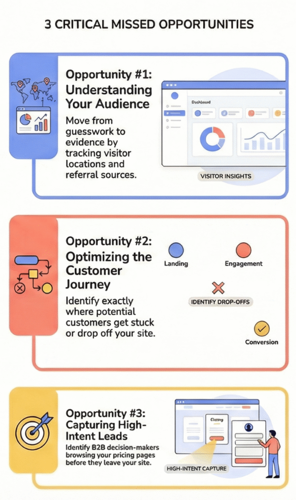 Infographic showing three missed business opportunities: customer acquisition strategy, audience understanding, and lead capture.