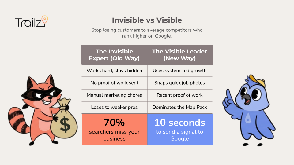 Comparison chart of old vs new Google business strategies, featuring cartoon raccoon and bird with stats and key differences.