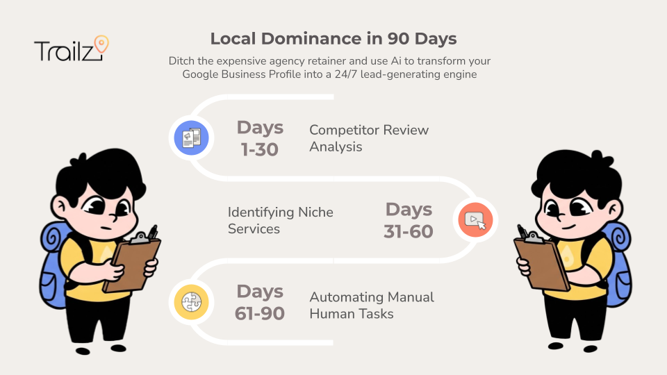 Infographic outlining a 90-day plan for local business growth using AI, shown in three phases with cartoon characters.