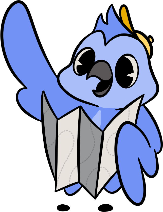 Cartoon blue bird holding a map with one wing raised, wearing a yellow hat, looking cheerful.