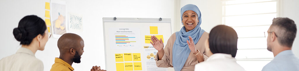She presents blog strategy plans to four colleagues