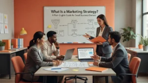 Professional header image for list-based article: What Is a Marketing Strategy? A Plain-English Guide for S...